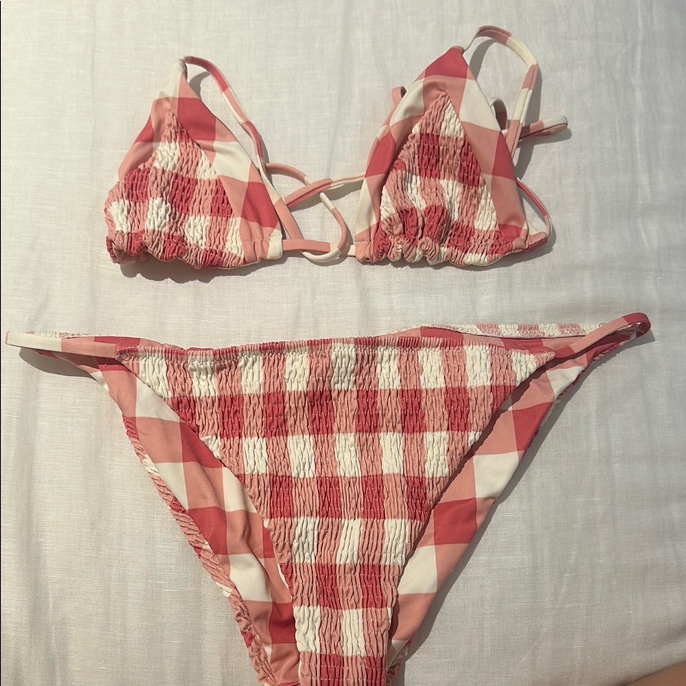 Gingham Smocked Triangle Bikini Set in Pink